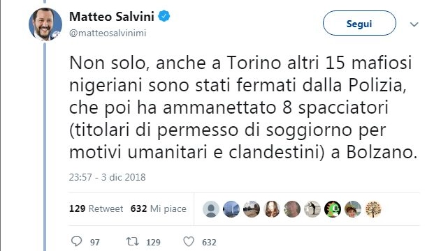Il tweet di Salvini sui nigeriani arrestati a Torino