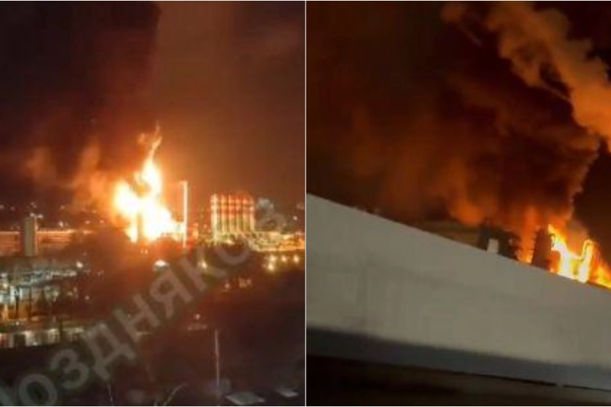 Attacco ucraino a Tuapse, le immagini della raffineria in fiamme