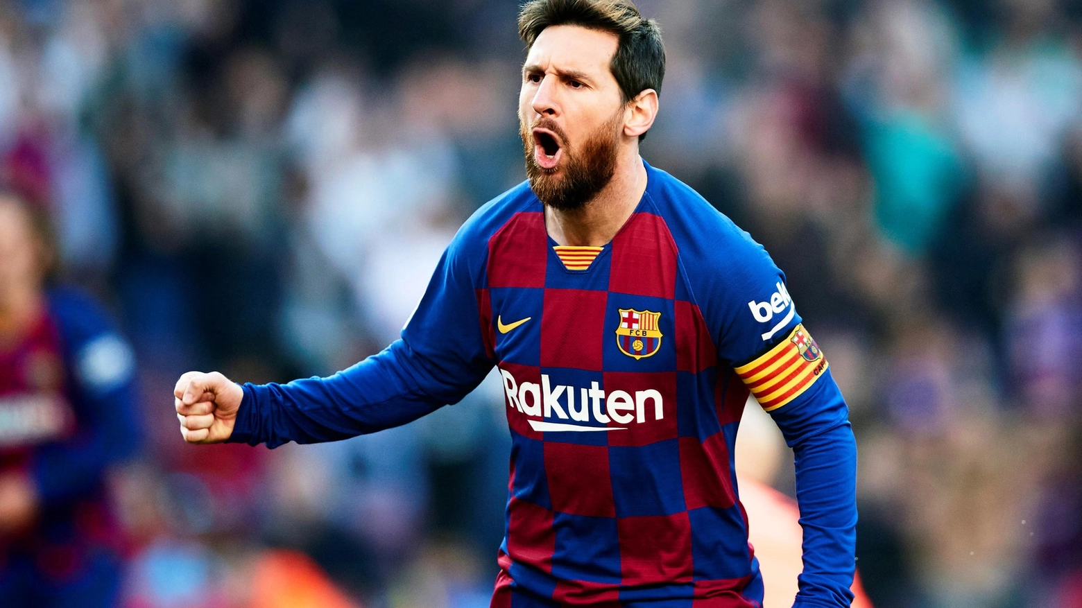 Esultanza Messi, autore di un poker nel 5-0 del Barcellona ai danni dell'Eibar 