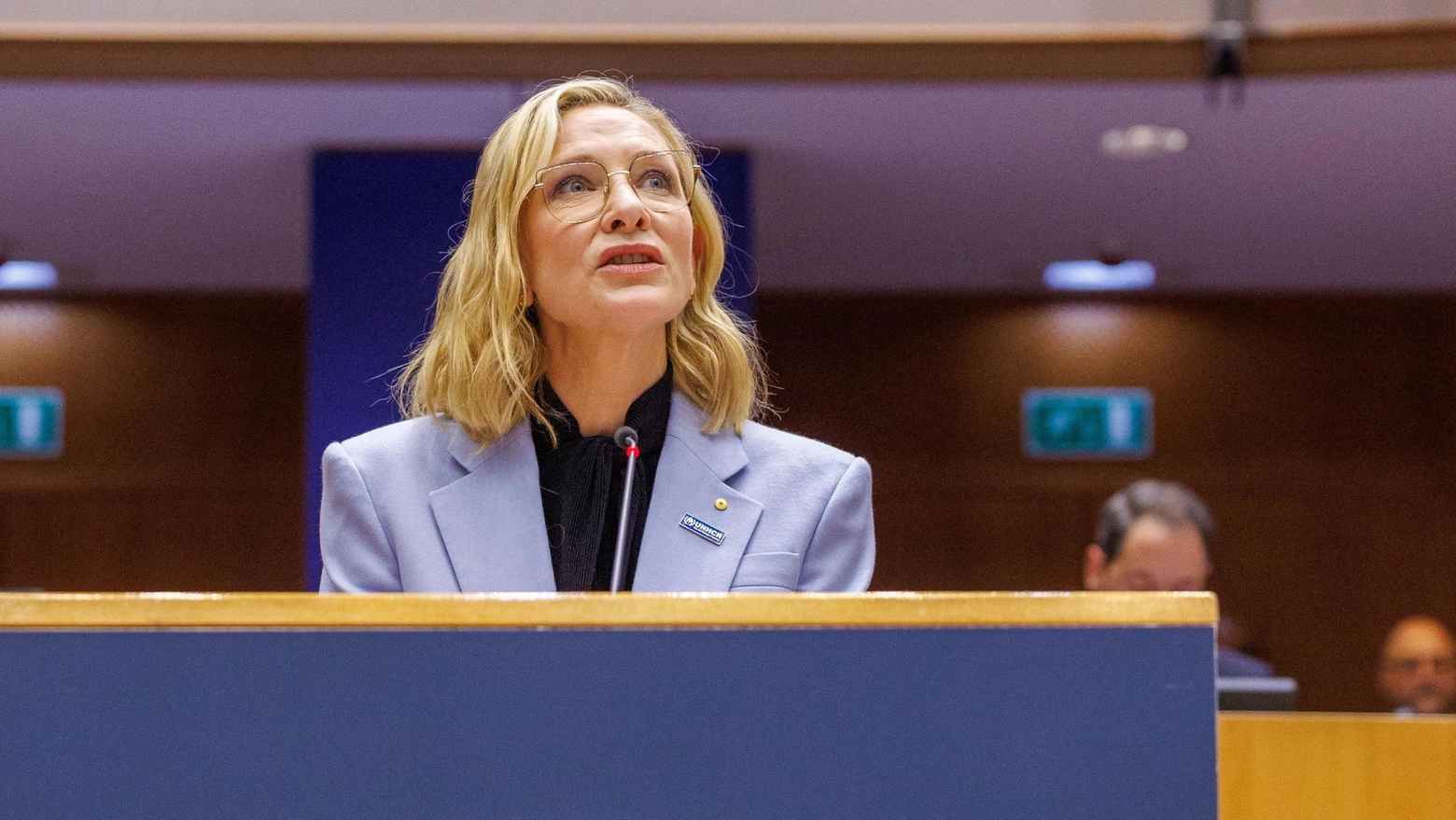 L'attrice Kate Blanchett durante il suo intervento al Parlamento europeo (Ansa)