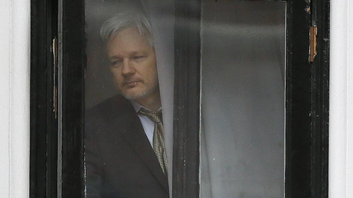 Julian Assange sul balcone dell'ambasciata dell'Ecuador a Londra (Ansa)