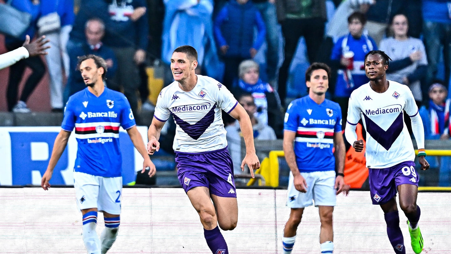 Sampdoria-Fiorentina, l'esultanza di Nikola Milenkovic (Ansa)