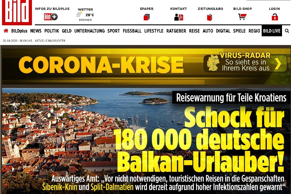Bild, isole croate zona rossa notizia: "shock per 180.000 tedeschi"