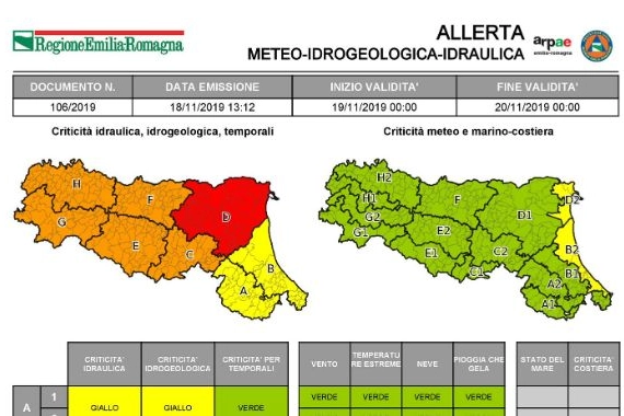 Emilia Romagna, l'allerta meteo per il 18 novembre 2019