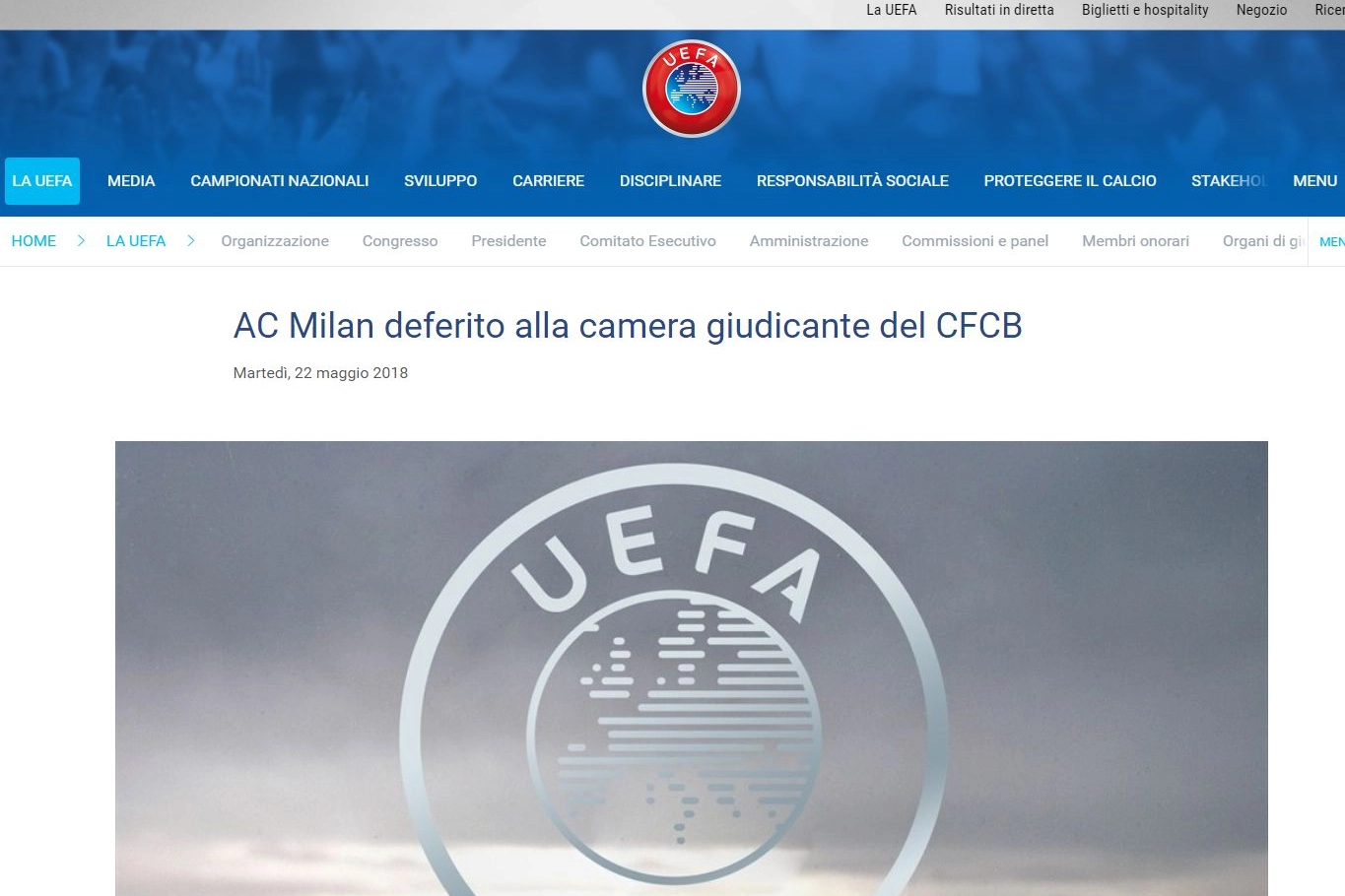 Milan deferito, l'annuncio sul sito della Uefa (uefa)