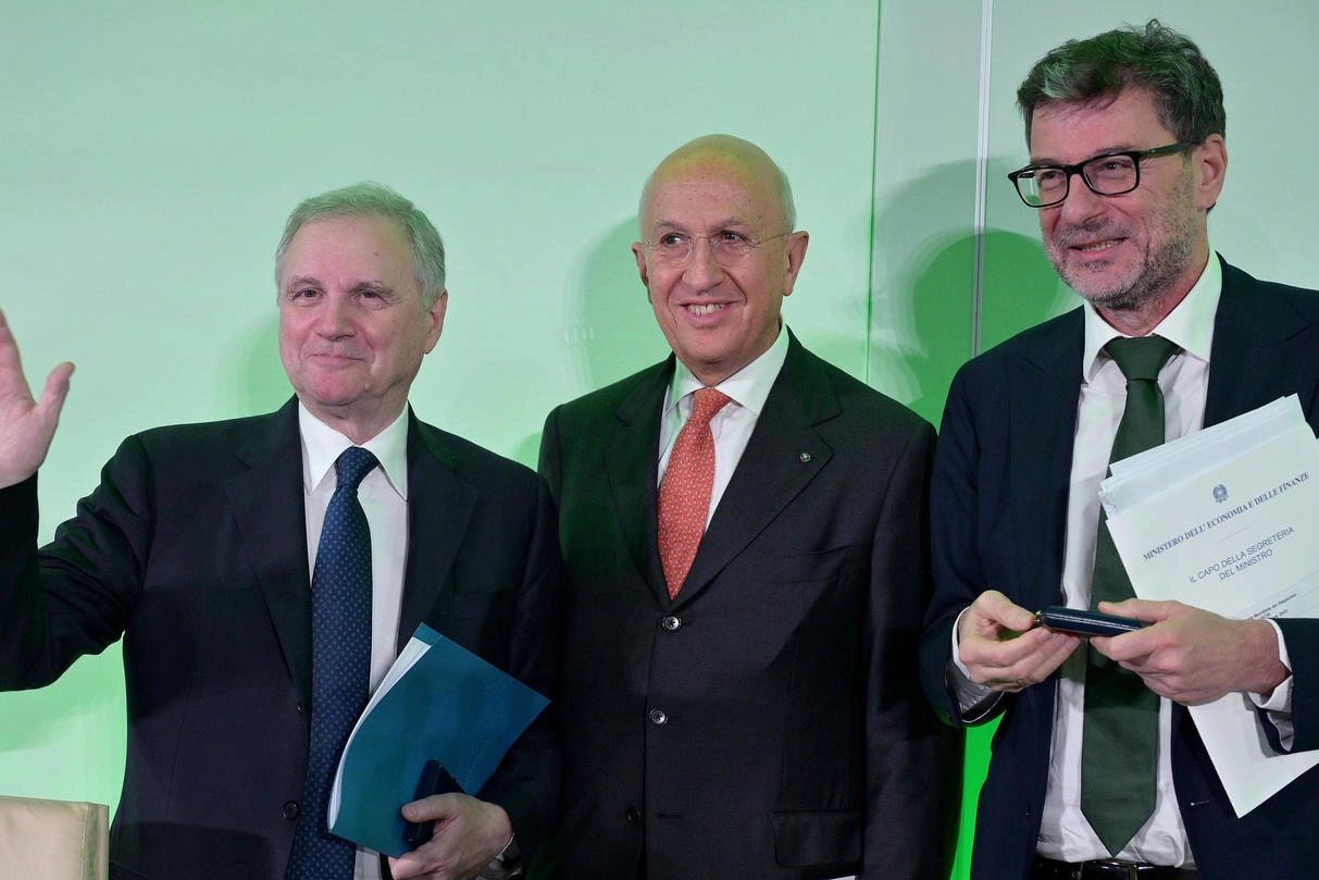 Ignazio Visco con Antonio Patuelli e il ministro dell’Economia e delle Finanze, Giancarlo Giorgetti