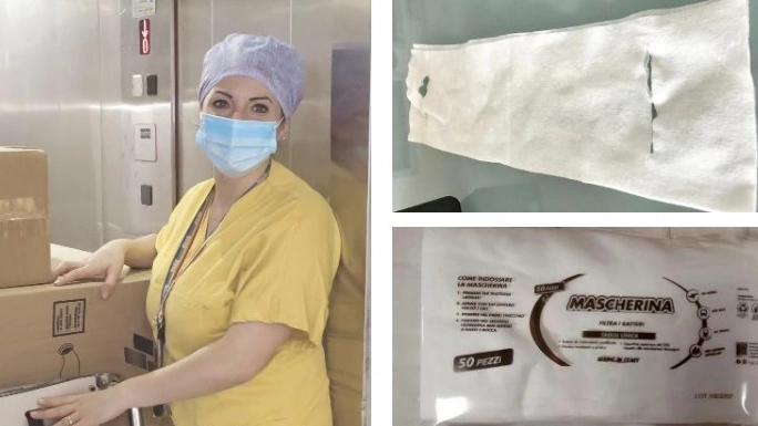 Un'operatrice sanitaria e due esempi delle mascherine inviate agli ospedali lombardi