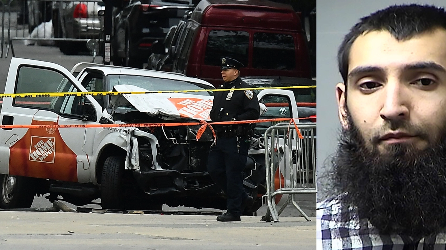 Il pick-up usato per l'attentato e il terrorista Saipov Sayfullo (afp)
