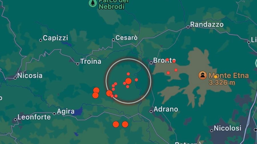 La zona dello sciame sismico nel Catanese e a Regalbuto