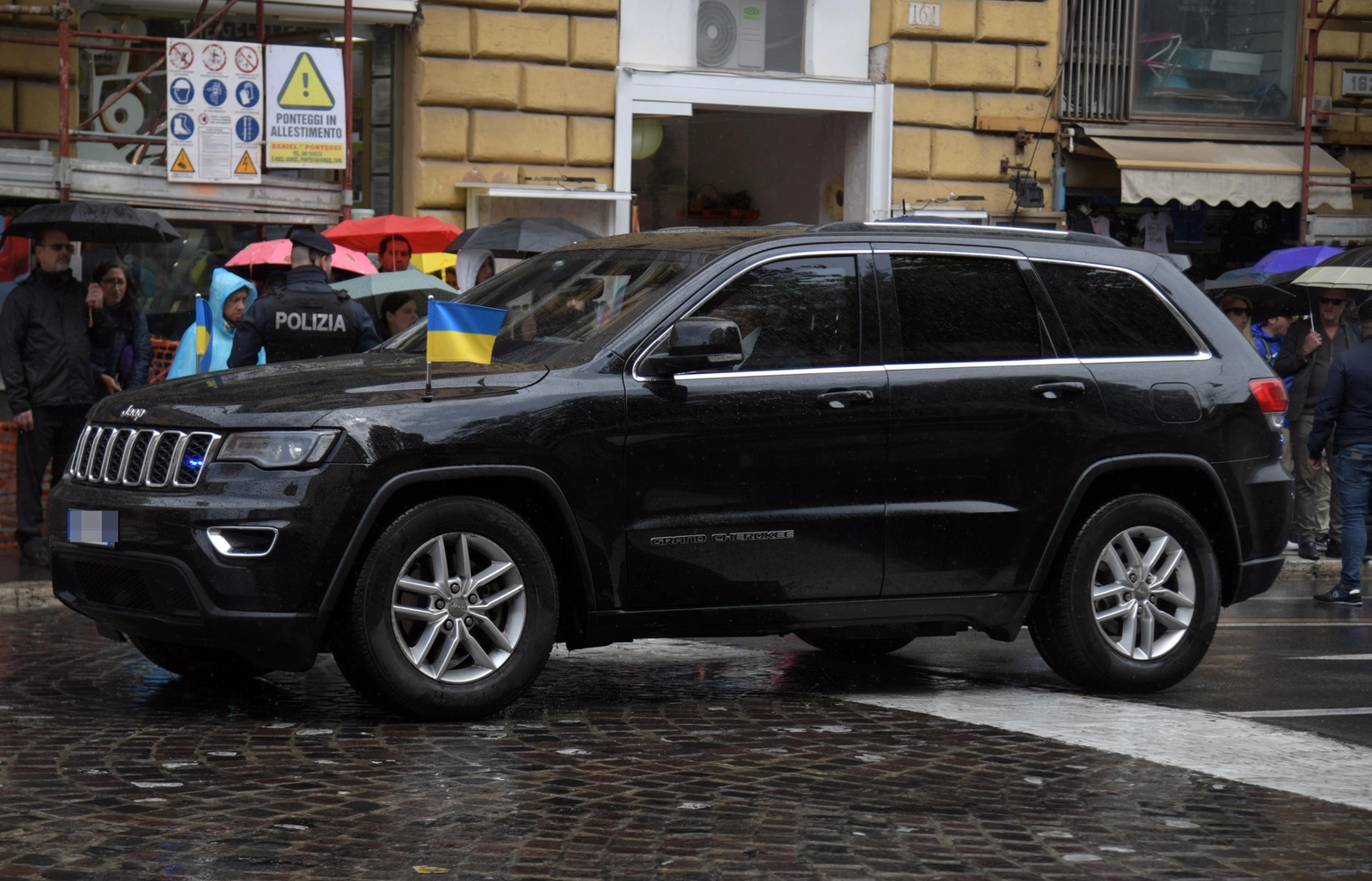 The car (with Ukrainan flags)of Ukrainian President Volodymyr Zelensky near piazza Barberini  on its way to Italian President Mattarella in Rome, Italy, 13 May 2023. It is the first time for Zelensky to visit Italy since the start of the Russian invasion of Ukraine in February 2022. 
ANSA/FABIO CIMAGLIA