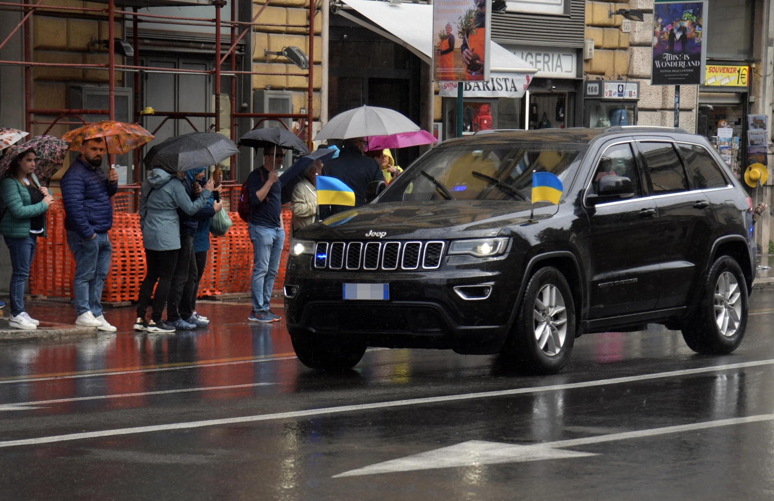 The car (with Ukrainan flags)of Ukrainian President Volodymyr Zelensky near piazza Barberini  on its way to Italian President Mattarella in Rome, Italy, 13 May 2023. It is the first time for Zelensky to visit Italy since the start of the Russian invasion of Ukraine in February 2022. 
ANSA/FABIO CIMAGLIA