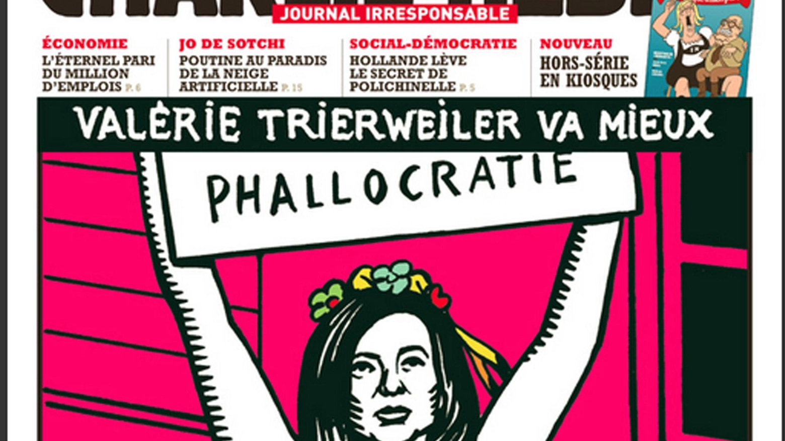 Una copertina del giornale satirico Charlie Hebdo dedicata a Valerie Trierweiler (Ansa)