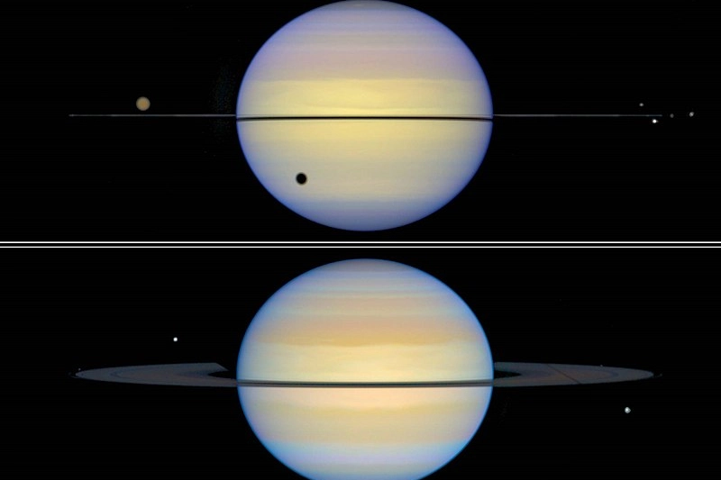 Saturno in due momenti nei quali gli anelli sono quasi invisibili dalla Terra (Nasa Hubble)