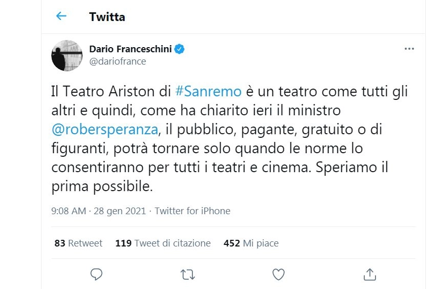 Il tweet del ministro Dario Franceschini