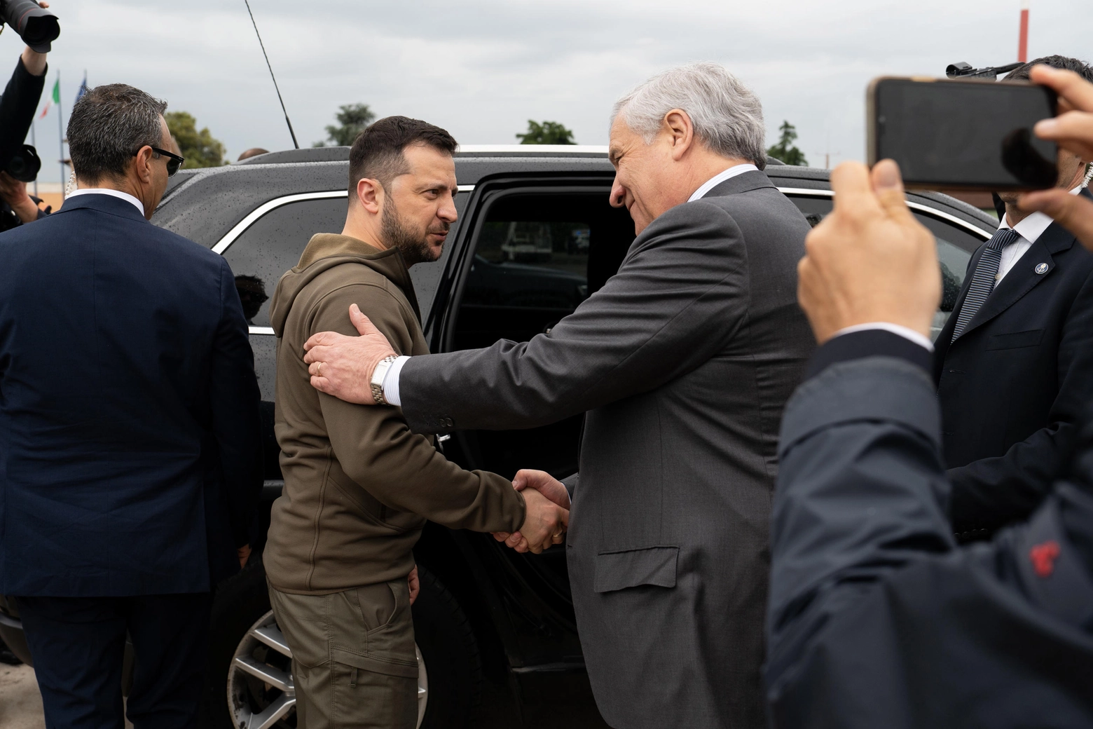 Italian Foreign Minister Antonio Tajani (R) welcomes Ukrainian President Volodymyr Zelensky as he arrives at Ciampino Airport  in Rome, Italy, 13 May 2023. It is the first time for Zelensky to come to Italy since the start of the Russian invasion of Ukraine in February 2022. 
ANSA/TELENEWS