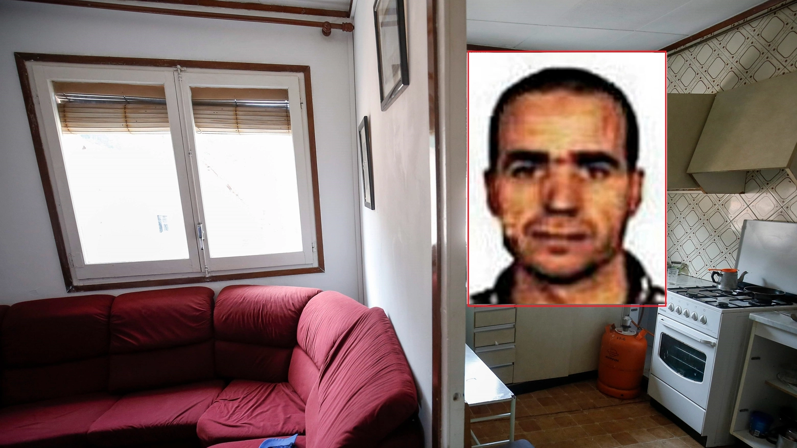 L'imam Abdelbaki Es Satty. Nello sfondo una foto del suo appartamento a Ripoll (Afp/Ansa)