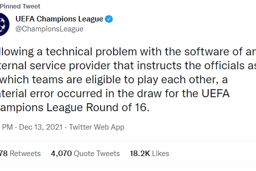 Sorteggi Champions, il tweet della Uefa 