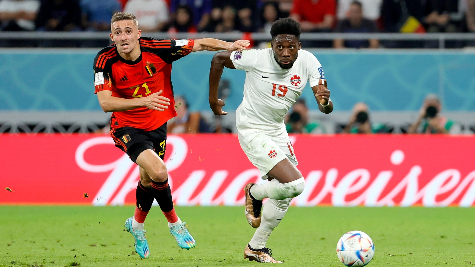 Alphonso Davies impegnato contro il Belgio in Qatar