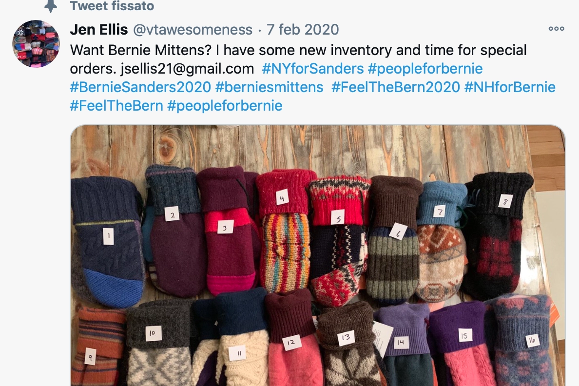 Il post su Twitter di Jen Ellis: "Vuoi le manopole di Bernie?"