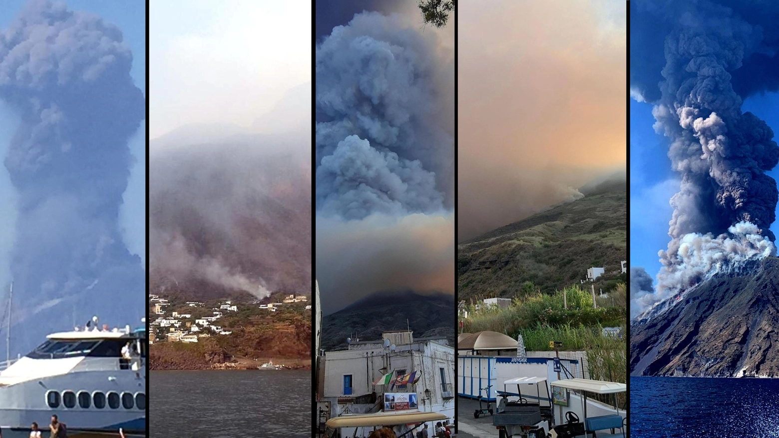 Stromboli, l'eruzione e la colonna di fumo sull'isola (foto Ansa)