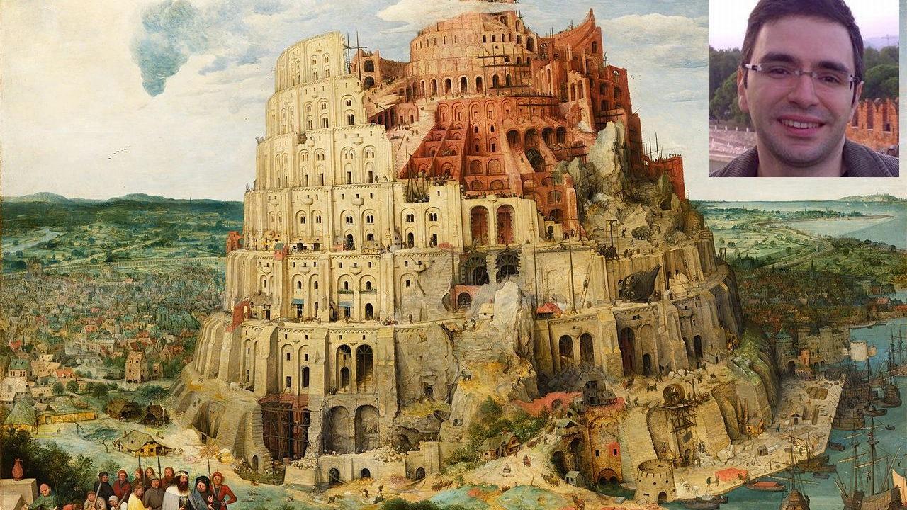 La torre di Babele di Bruegel e, nel riquadro, Roberto Navigli 
