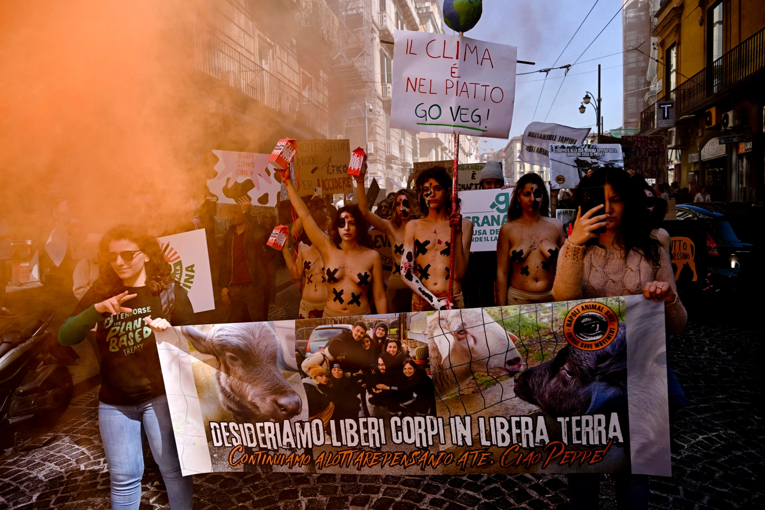 Attivisti di Animal Save partecipano al corteo a Napoli  per chiedere la salvaguardia degli animali e per una dieta vegetale. 21  aprile 2023
ANSA / CIRO FUSCO