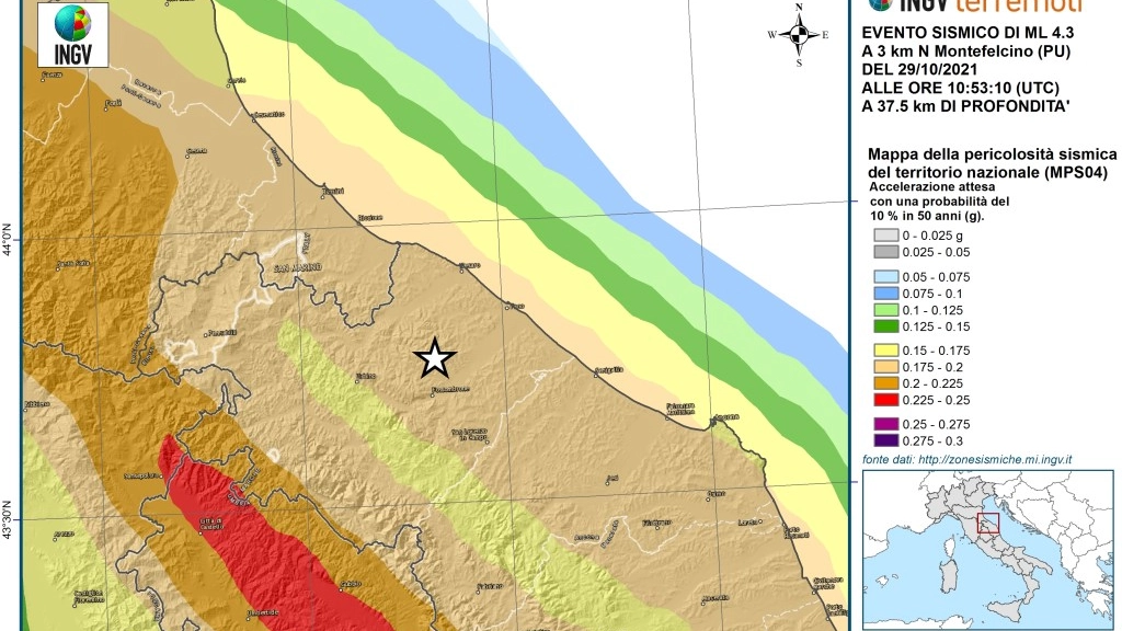 La mappa del terremoto di oggi a Pesaro (Ingv)