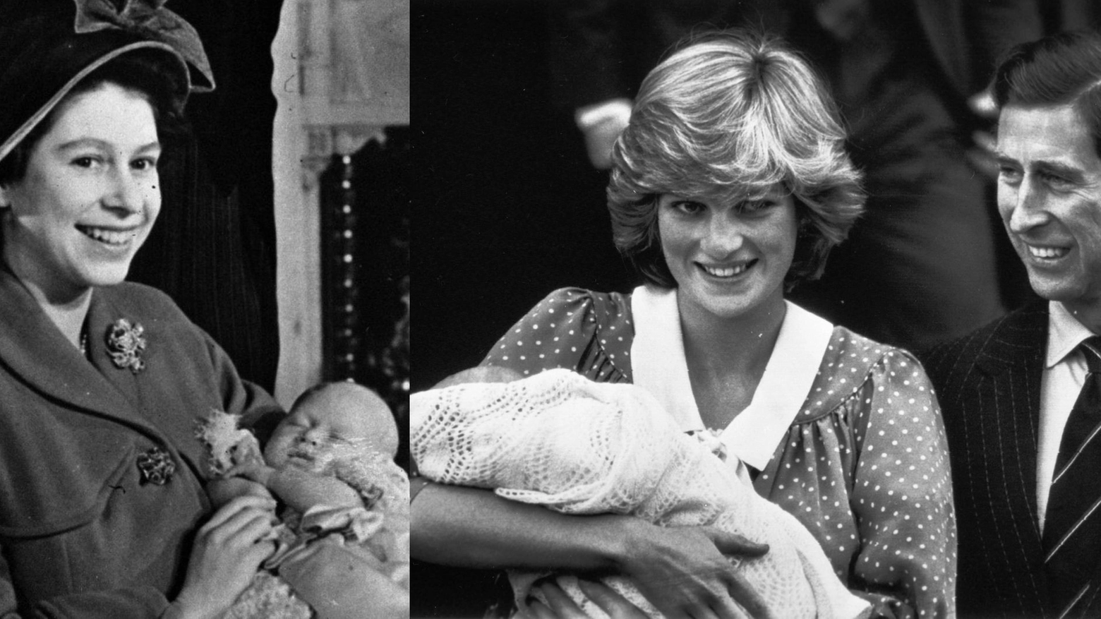 La regina Elisabetta col piccolo Carlo. Diana e Carlo col piccolo William (combo)