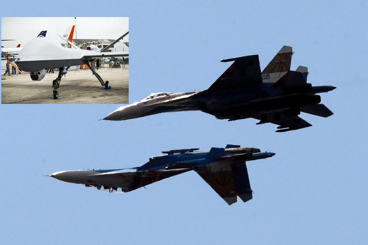 Un drone Reaper (nel riquadro) e due Su 27 russi (Ansa)