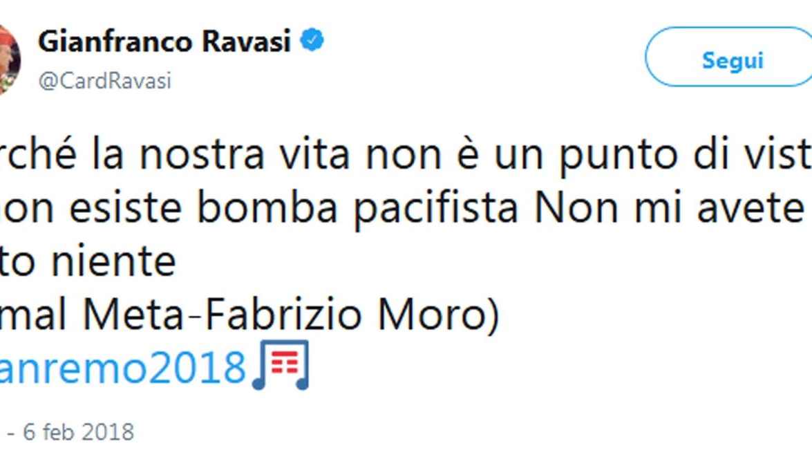 Sanremo 2018, il tweet del cardinale Gianfranco Ravasi (Ansa)