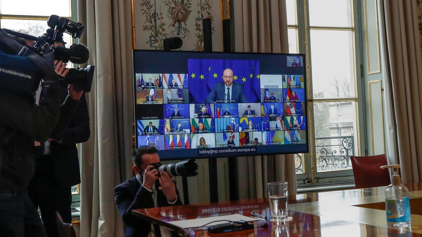 Il Consiglio europeo in videoconferenza (Ansa)