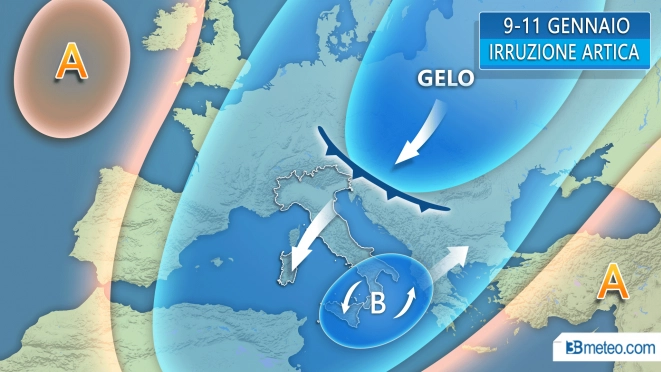 Ondata di maltempo, freddo sull'Italia. Le previsioni del tempo. Grafico 3bmeteo