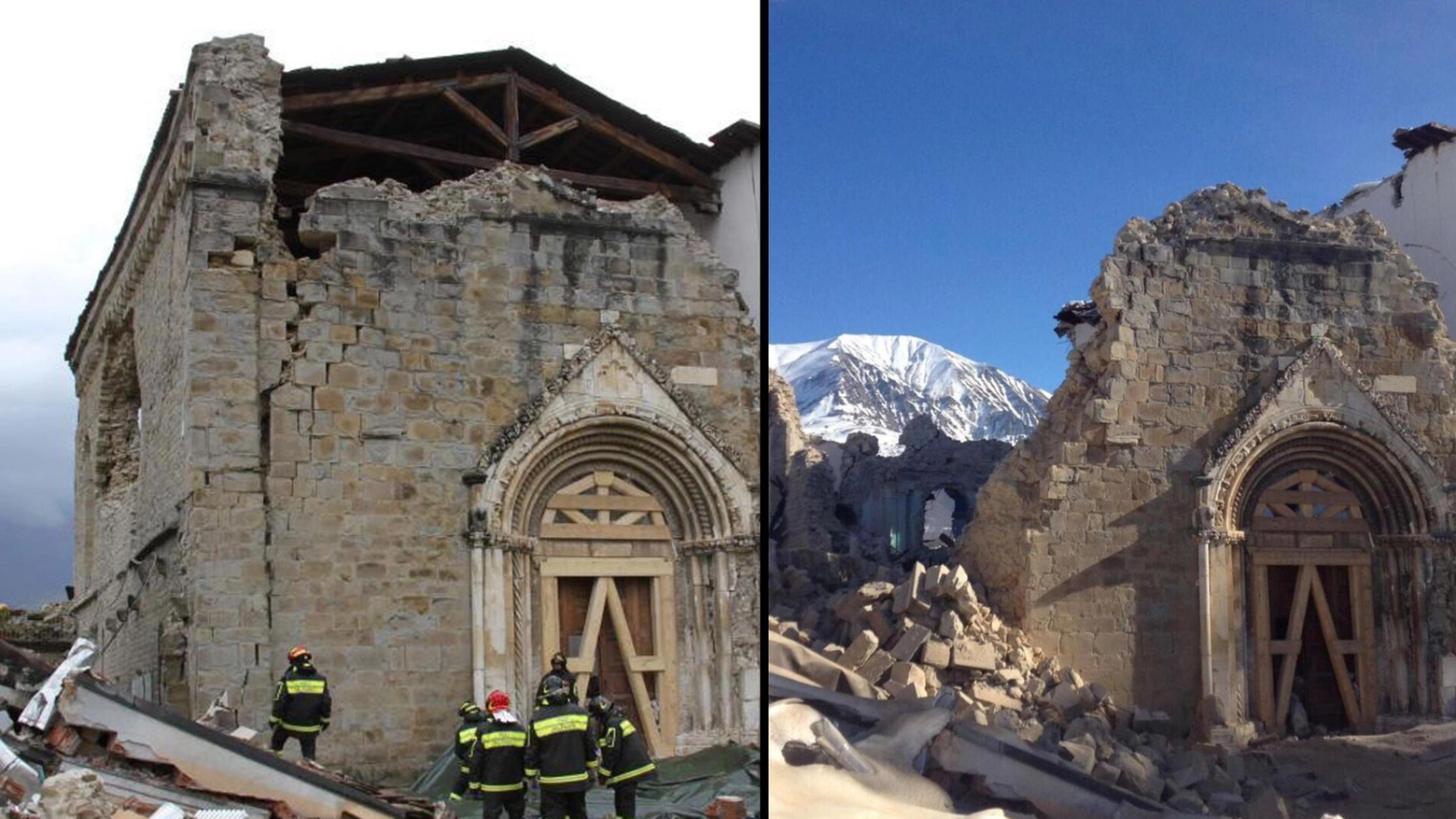 Amatrice, la chiesa di Sant'Agostino prima e dopo il nuovo crollo (Ansa)