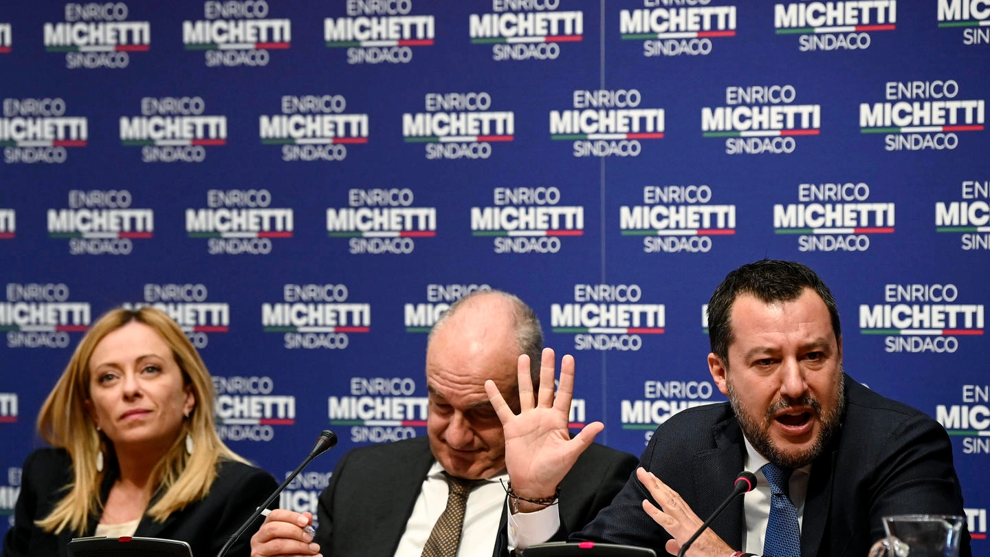 Giorgia Meloni, Enrico Michetti e Matteo Salvini (Ansa)