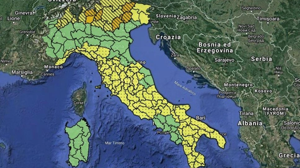 Allerta meteo sull'Italia, la mappa della Protezione civile (Twitter)
