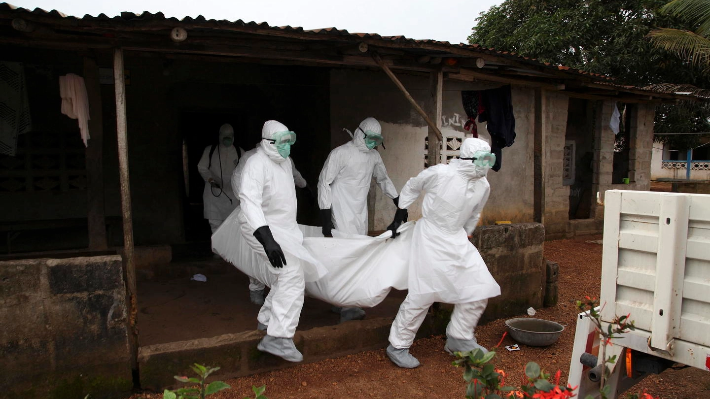 Personale sanitario porta via un morto di Ebola durante l'epidemia del 2014-16 (Ansa)