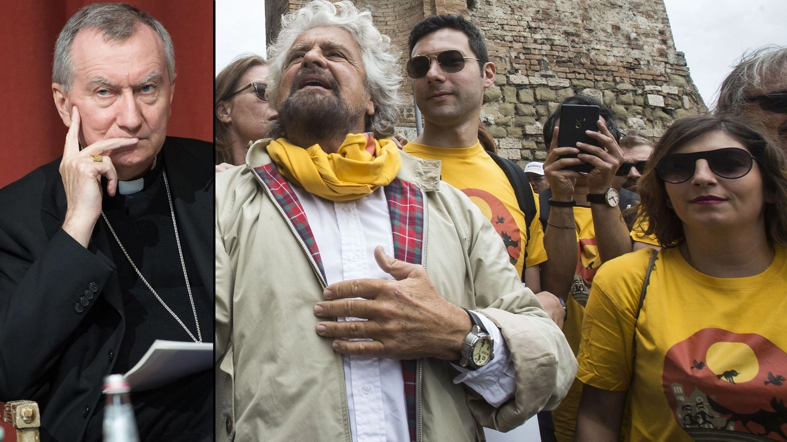 Il cardinale Pietro Parolin e Beppe Grillo alla marcia di Assisi