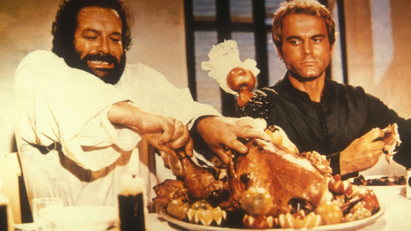 Bud Spencer alle prese  con un gigantesco arrosto  in “Porgi l’altra guancia”, film in coppia  con Terence Hill del 1979
