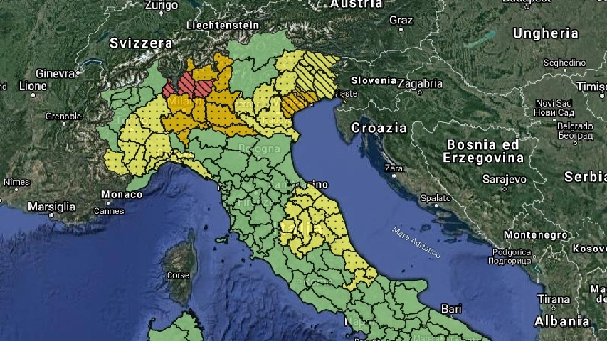 Allerta meteo rossa in Lombardia, la mappa della Protezione civile