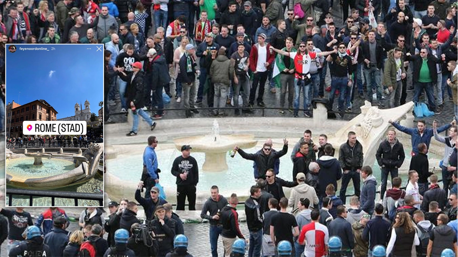 Tifosi del Feyenoord hanno postato una foto per 'dimostrare' che sono a Roma, alla fontana della Barcaccia, transennata per timore del loro arrivo