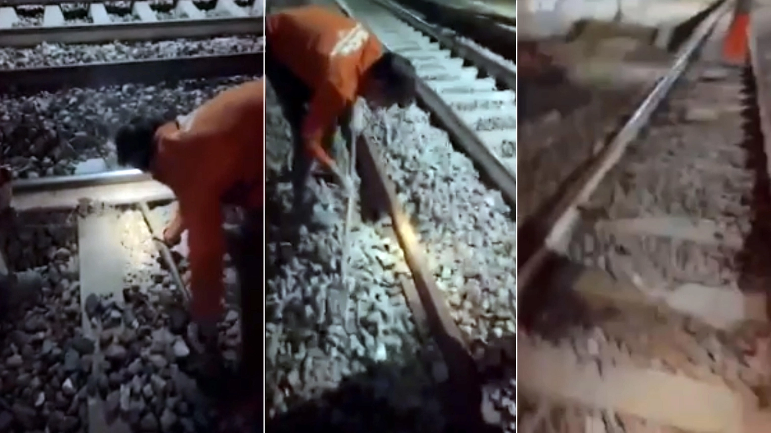 Alcuni frame del video di Kevin Laganà che fa vedere gli operai al lavoro sui binari prima del passaggio del treno