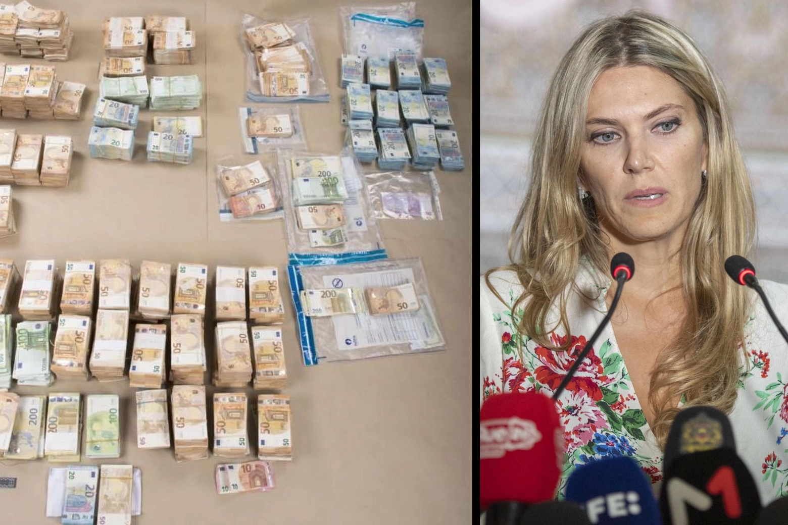 Qatargate: le mazzette di denaro rinvenute dalla polizia belga ed Eva Kaili (Ansa)