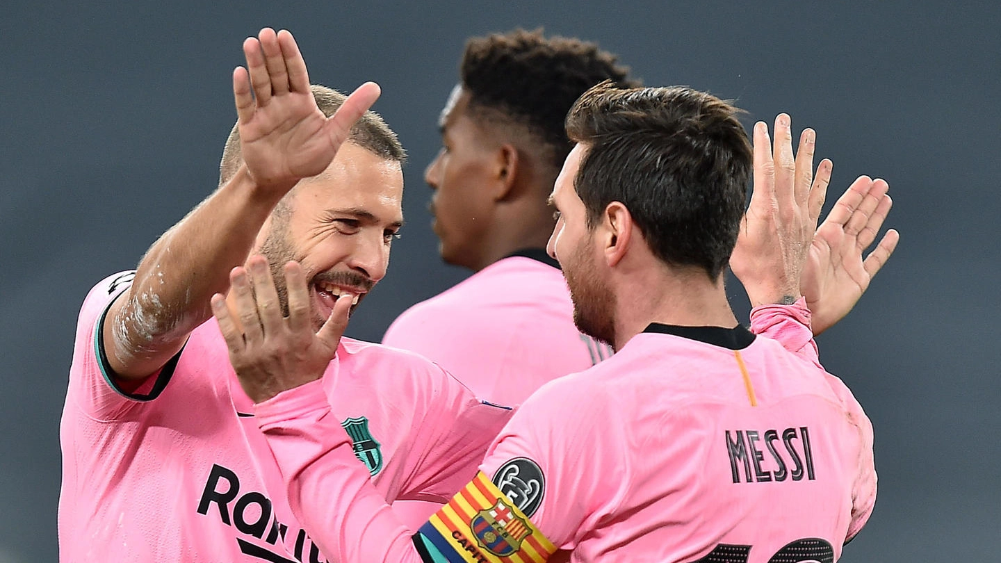Juventus-Barcellona, l'esultanza di Messi dopo il gol dello 0-2 (Ansa)