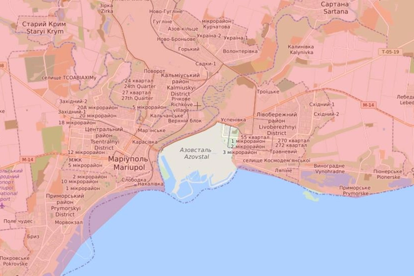 L'acciaieria Azovstal nella mappa di Mariupol (foto Twitter Illia Ponomarenko)