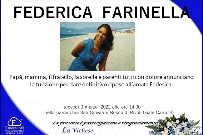 Federica Farinella, l'annuncio del funerale