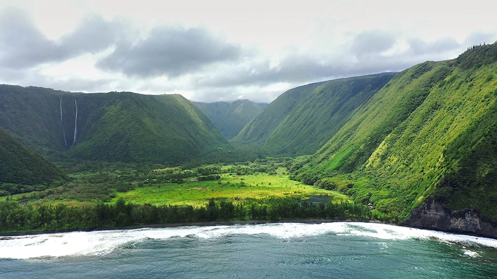 Aerial of Waipio bay and valley in Big Island Hawaii