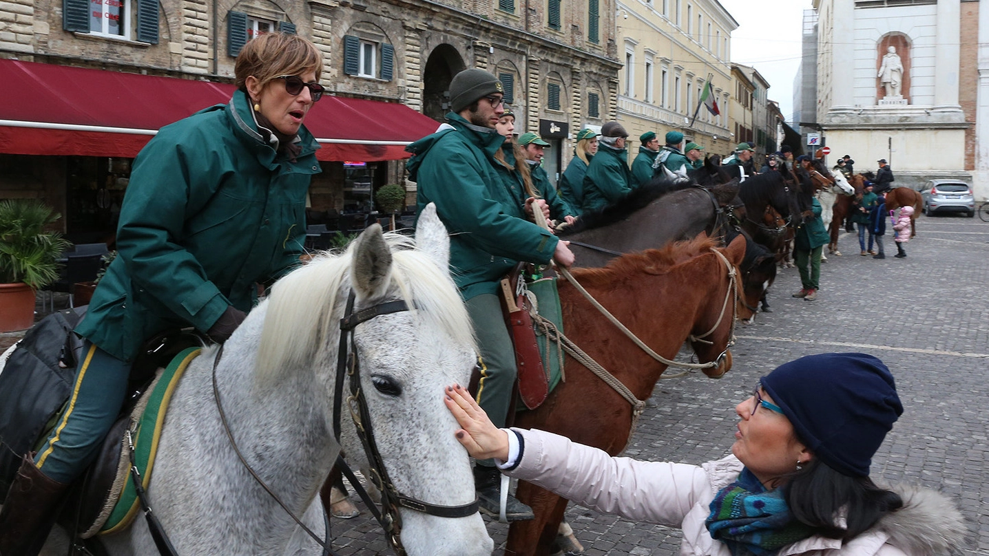 I cavalli delle Giacche Verdi, che hanno organizzato la benedizione degli animali in piazza