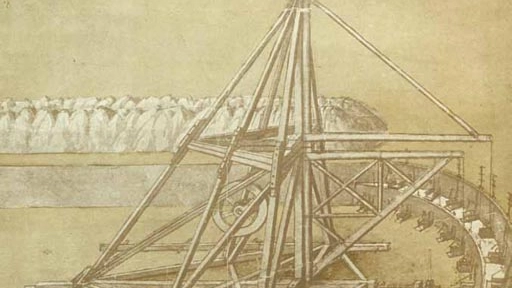 Il disegno della gru scavatrice, Leonardo da Vinci, Codice Atlantico