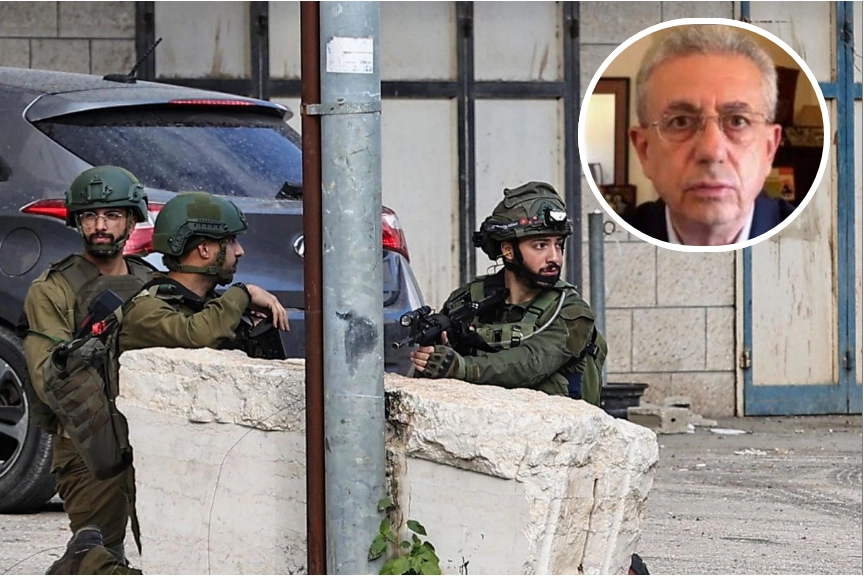 Militari in azione in Cisgiordania e (nel tondo) Mustafa Barghuti