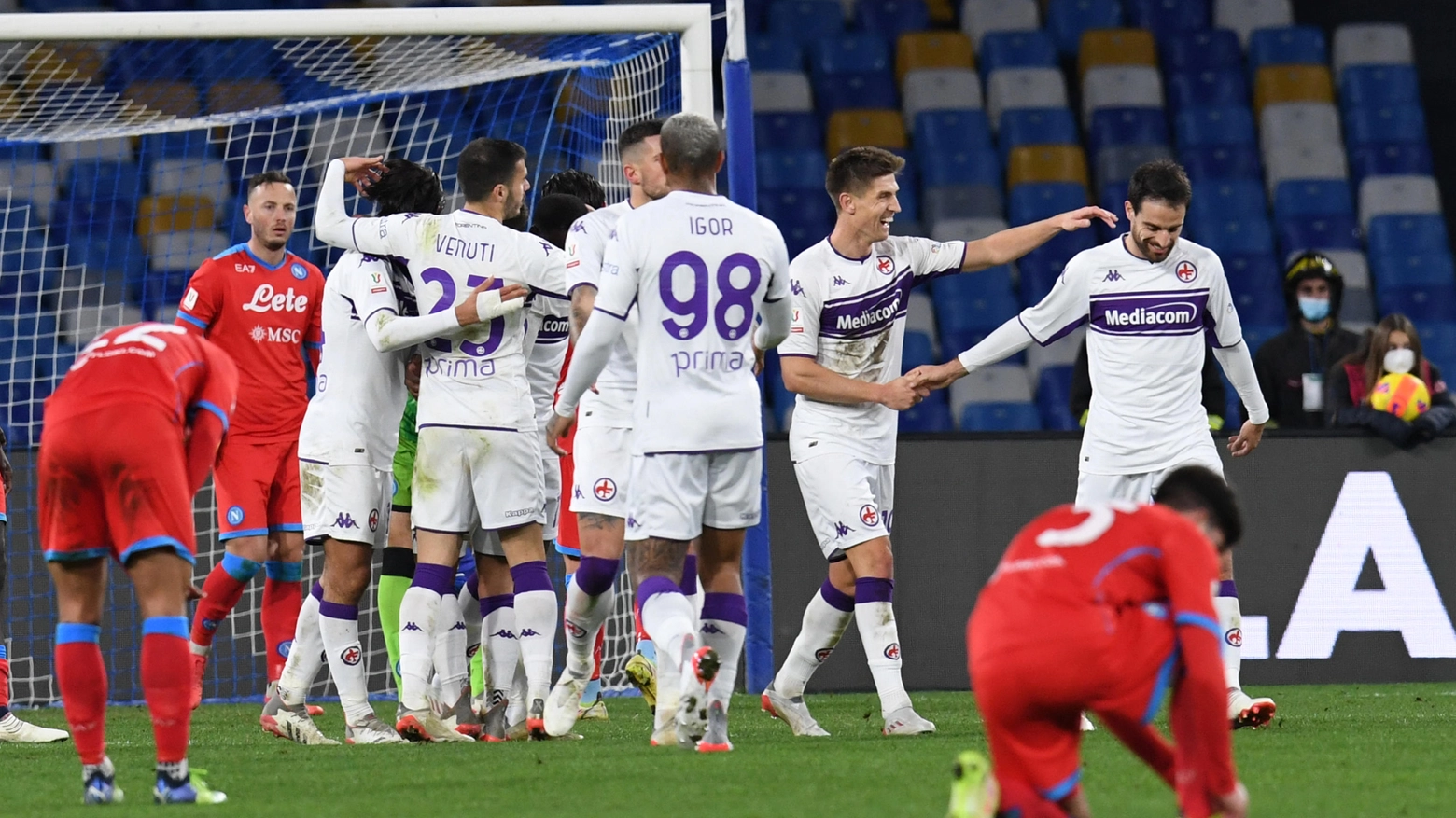 Napoli-Fiorentina, l'esultanza dei viola (Ansa)